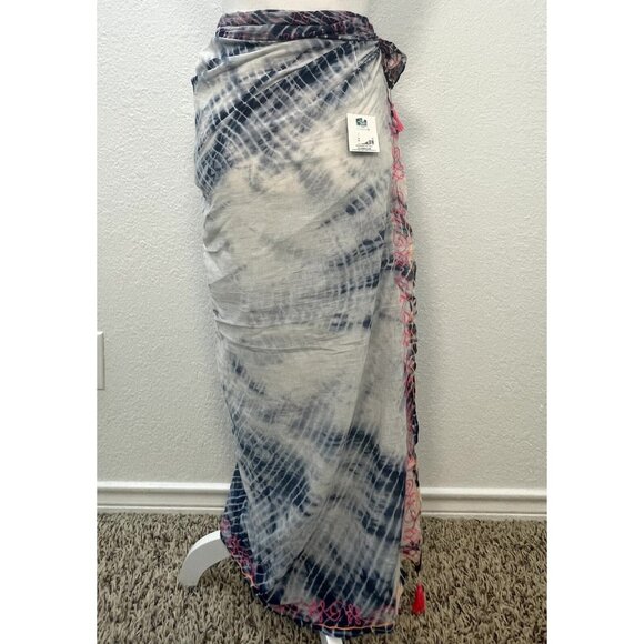DEI Sea LIfe Womens Blue/White Tie-Dye Sheer SARONG SCARF Embroidered Tassels - Picture 3 of 6
